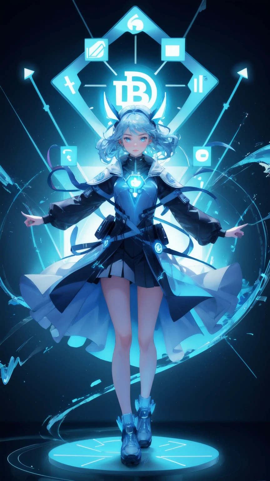 Create an image with a futuristic, blue-themed background where a cute girl replaces the energy figure. The girl should have a determined and focused expression, with blue flames emanating from her head and hands. Surround her with floating Bitcoin coins and other cryptocurrency symbols, as well as waves of energy and water swirling around her feet. The background should include circuit-like designs, emphasizing the digital and financial theme, with the cryptocurrency symbols prominently displayed to signify the power and influence of decentralized finance (CeDeFi). The overall scene should blend technology, finance, and the intensity of the girl's expression, creating a powerful visual impac