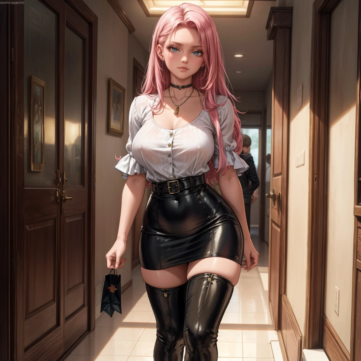 Masterpiece, beautiful art, 8k, art style by sciamano240, very detailed face, detailed hair, detailed clothes, detailed fabric, 1girl, beautiful face, long hair, hot pink hair , model head shot, facing camera, very detailed green eyes, sultry smile, wearing classy fall clothes, black dior thigh boots, black pencil skirt, walking , out shopping, necklace, chocker, rosey cheeks, sunny fall setting, full body view, photorealistic, indirect lighting, volumetric light, ray tracing, hyper-detailed, best quality, ultra-high resolution, HDR, (8k, Best Quality, Masterpiece:1.2), Ultra Detail, RAW Photo, Super Resolution, Professional Photo, Extremely Detailed and Beautiful, lot of drool, sweat, belly inflation