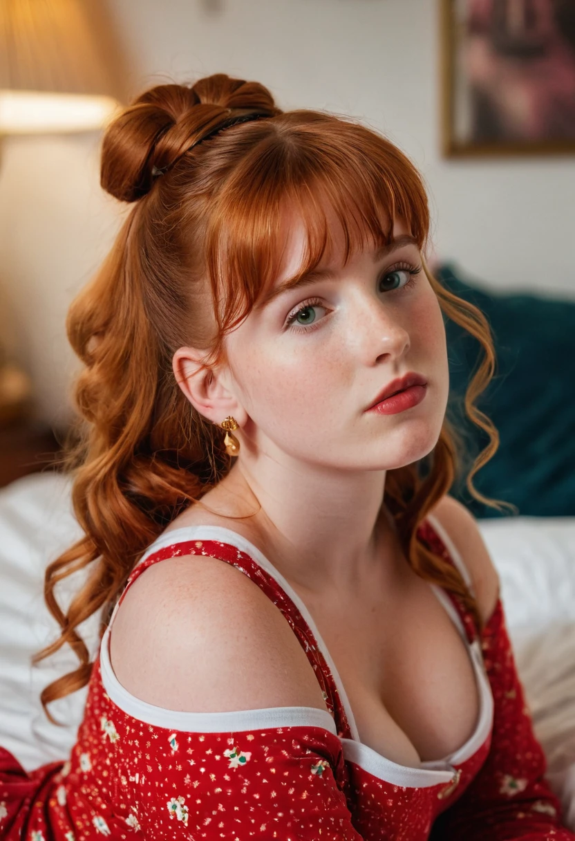 A young lady rs, with long red hair, wavy hair, with air bangs, tied up in a bun. She is in a bedroom, laying on her back, in the bed. She is wearing a red onesie. She has an hourglass figure. She is wearing gold earrings. Looking directly into the camera. She has fair skin, freckles, and braces, constricted pupils, parted lips, large breasts, perfect lips, big lips, perfect nose, cute face, baby facealism, cinematic lighting, jpeg artifacts, full body photo, bokeh, textured skin, UHD, best quality, masterpiece, high details