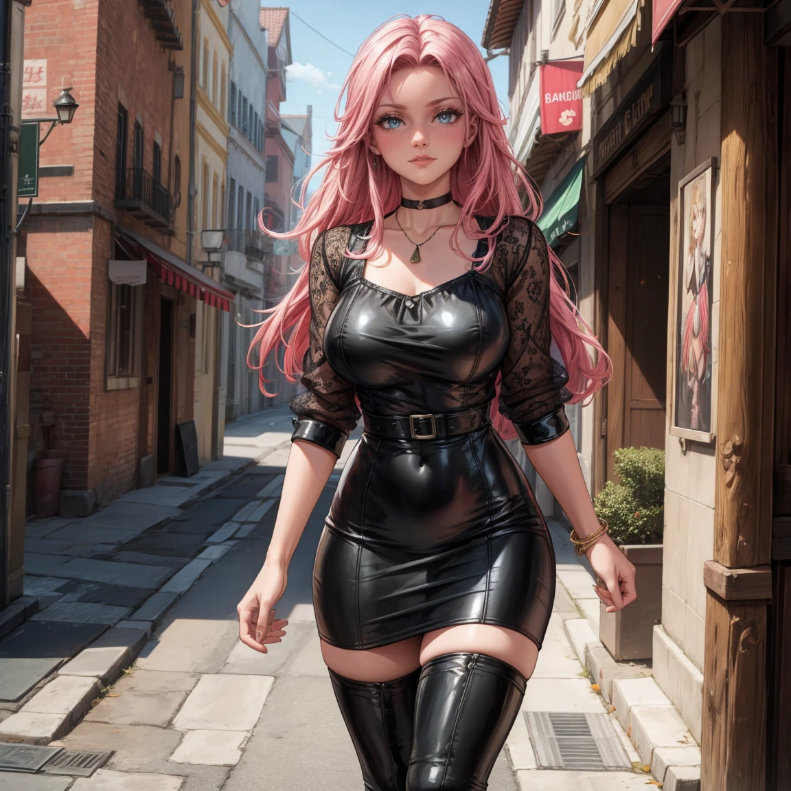 Masterpiece, beautiful art, 8k, art style by sciamano240, very detailed face, detailed hair, detailed clothes, detailed fabric, 1girl, beautiful face, long hair, hot pink hair , model head shot, facing camera, very detailed green eyes, sultry smile, wearing classy fall clothes, black dior thigh boots, black pencil skirt, walking , out shopping, necklace, chocker, rosey cheeks, sunny fall setting, full body view, photorealistic, indirect lighting, volumetric light, ray tracing, hyper-detailed, best quality, ultra-high resolution, HDR, (8k, Best Quality, Masterpiece:1.2), Ultra Detail, RAW Photo, Super Resolution, Professional Photo, Extremely Detailed and Beautiful, lot of drool, sweat, belly inflation