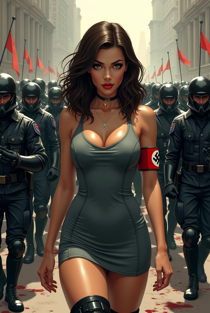 Comic book style. Nazi princess with medium length brown hair, brown eyes, glossy red lips and a skintight gray athletic dress with thigh high combat boots. A red Nazi swaztika hair pin and armband accessorize her outfit. She is leading an army of black armored Nazi soldiers into a city to take it over by force. Bodies lie bloody in the streets. Long eyelashes, seductive smile