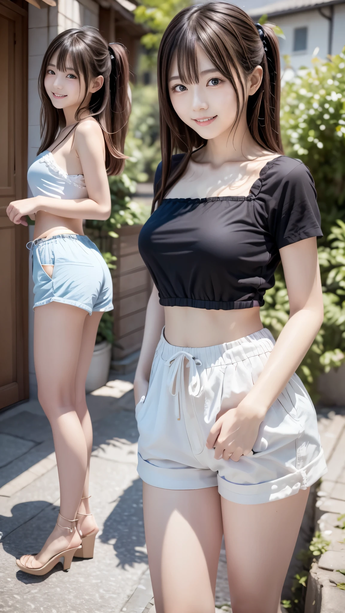 realism、realism、Chirarizum、究極のChirarizum、Highest qualityの写真、Two cute 15 year old Japanese girls、((Extremely detailed))、(Very detailed)、((Tight waist:1.2))、Beautiful breasts、Thin thighs、Small beautiful butt、Highly detailed CG Unity 8K wallpapers、Highest quality、The pieces fly、Off the shoulder、Crop top、(wide and short pants)、(Two side up hairstyle)、Narrow back alley、Cute smile、(((A sexy shot of the two of them)))