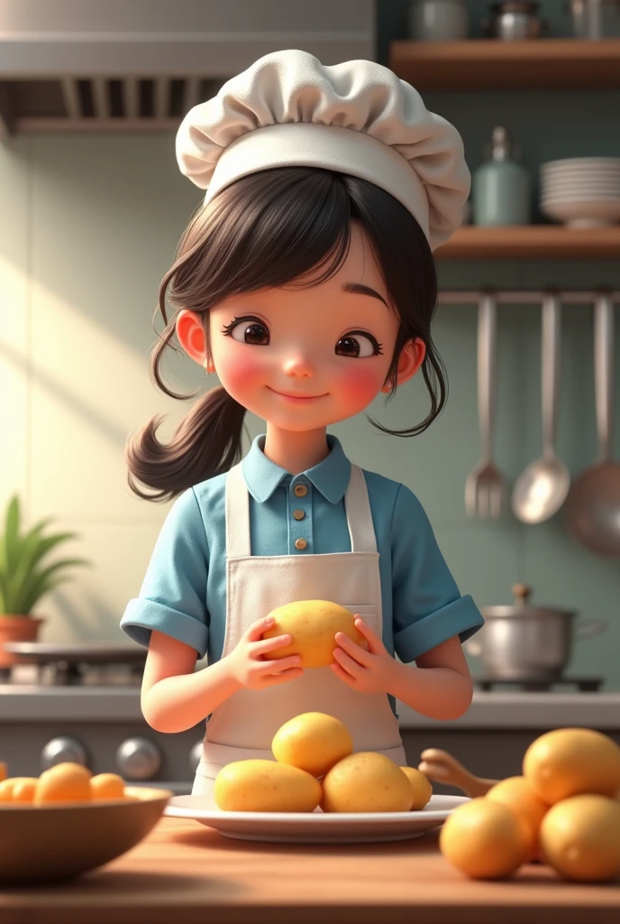 I want an image of a cute, short, tender girl in blue chef clothes who is happy while holding a potato in one hand.