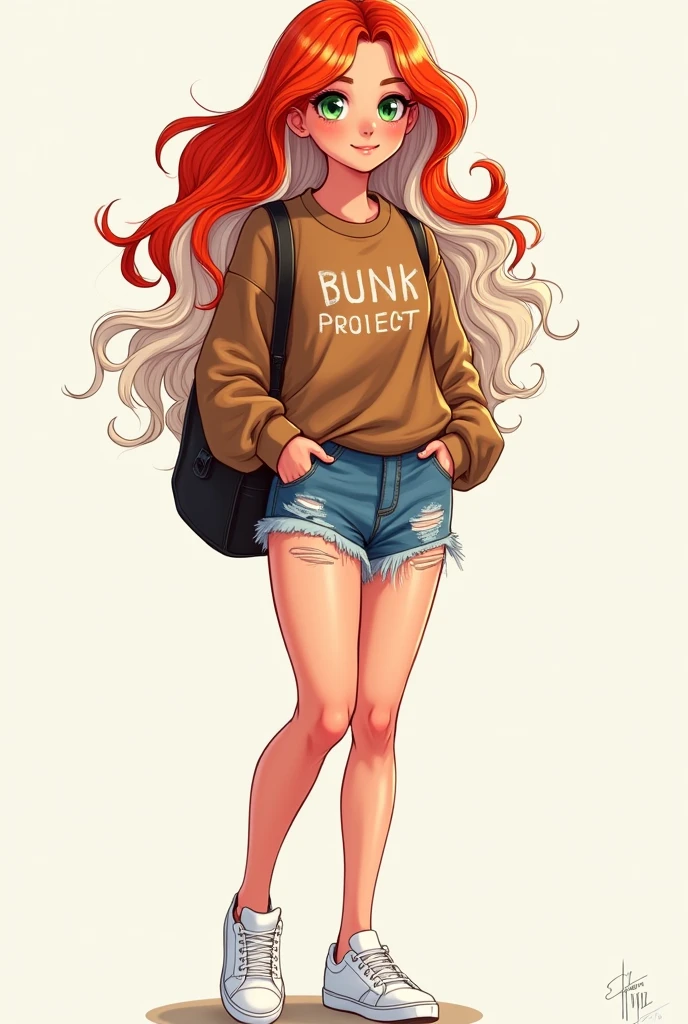 A 20 year old woman with long wavy red and white hair with green eyes and a round flushed face wearing a brown sweater with small white letters written on it and ripped denim shorts and white sneakers Looking like she was drawn
