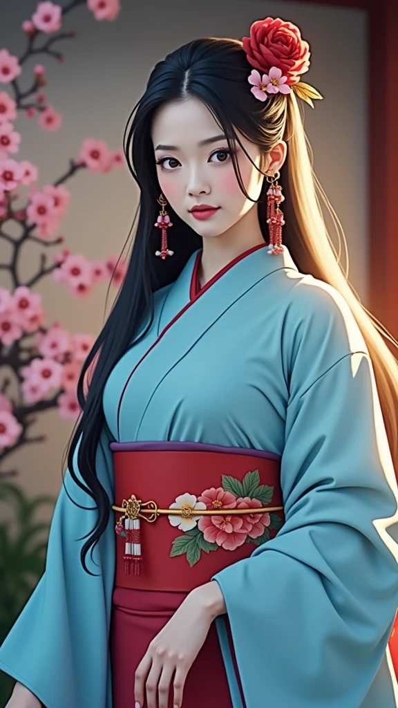 (masterpiece、Highest quality、8k、High resolution)、Traditional Japanese beauty in kimono、Floral pattern on white background、Vibrant colors、She resembles actress Keiko Kitagawa、Japanese garden、There is a pond、Colorful flowers、Vibrant colors、Cherry Blossom、There is a drum bridge、A complete portrayal、Detailed anime art、
