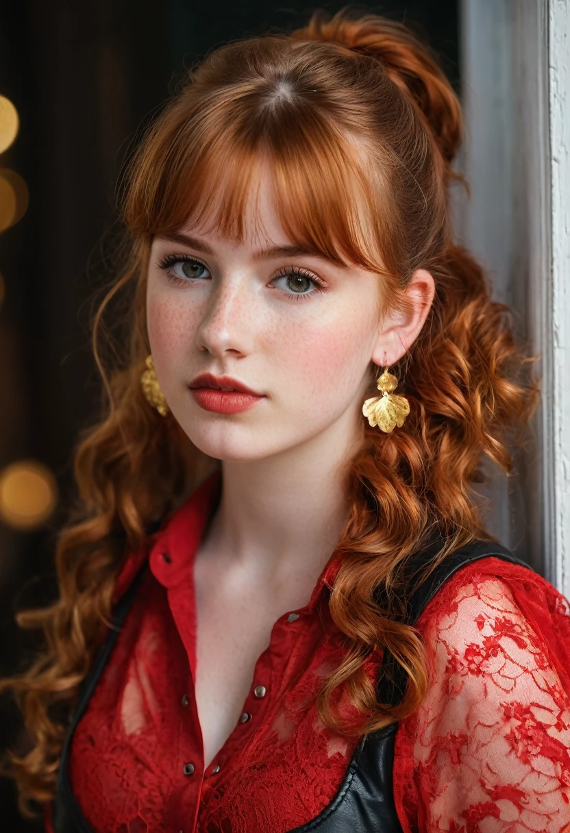 A young lady rs, with long red hair, wavy hair, tied in a side ponytail, with air bangs. She is wearing a red lace-up shirt. She is wearing leather pants. She has an hourglass figure. She is wearing gold earrings. Looking directly into the camera. She has fair skin, freckles, and braces, constricted pupils, parted lips, large breasts, perfect lips, big lips, perfect nose, cute face, baby facealism, cinematic lighting, jpeg artifacts, full body photo, bokeh, textured skin, UHD, best quality, masterpiece, high details
