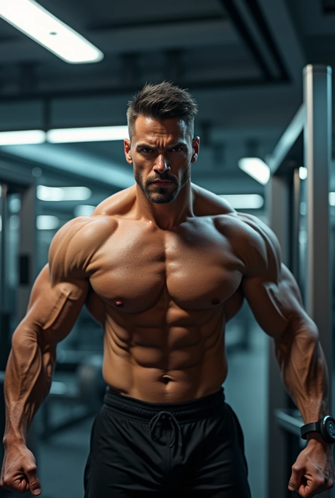  muscular guy doing workout in the gym