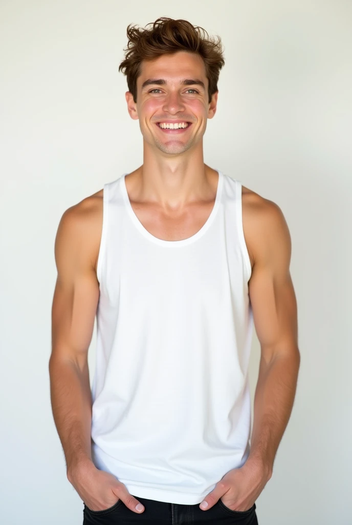 best qualityer:1.4), (ultra high resolution:1.2), (photorrealistic:1.4), (8k, CRU photo:1.2), 1 young white man. eyes browns. He&#39;s wearing a white tank top. He is wearing black jeans. chestnut hair. short wavy hair. is smiling. He is standing in a studio with a white background.