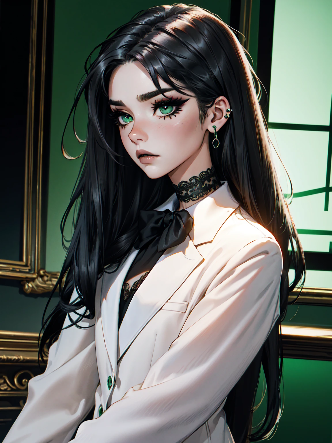 emo_hairstyle, ((tight black suit)), (black lace blazer), black tie, ((long hair)), ((straight hair)), (((black hair))), side swept bangs, white skin, pale, white, (green eye), tired expression, choker, ((dark makeup, mascara, eyeshadow)), multiple piercings, best quality, 8k, dark laboratory, dim lighting, white shirt, erotic, slytherin
