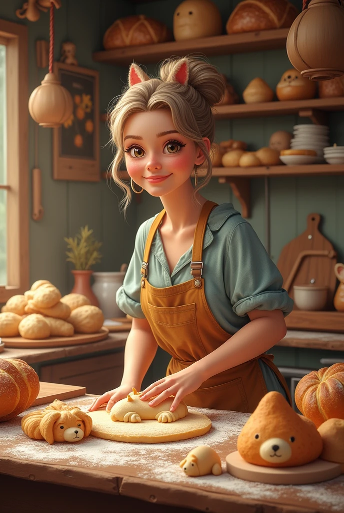 bakery, woman bakes, sells baked goods to customers, baked goods in the shape of pets, detail details, real, real