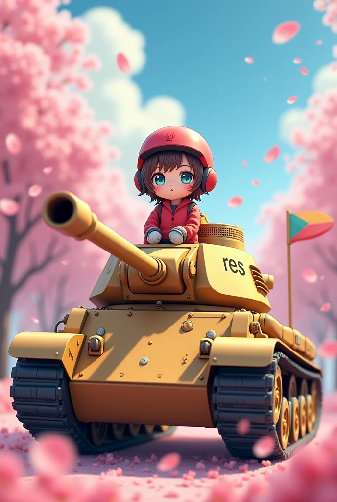 Cherry blossom petals fluttering, In the undulating pink and light blue clouds, A golden tank with the word RES written on it, Cute girl riding a tank, On the right#Has 580 flags, Wear a red helmet, Staring straight at you with bright light blue eyes, Macro and detailed images, Portraits are realistic with studio lighting, Out of focus background