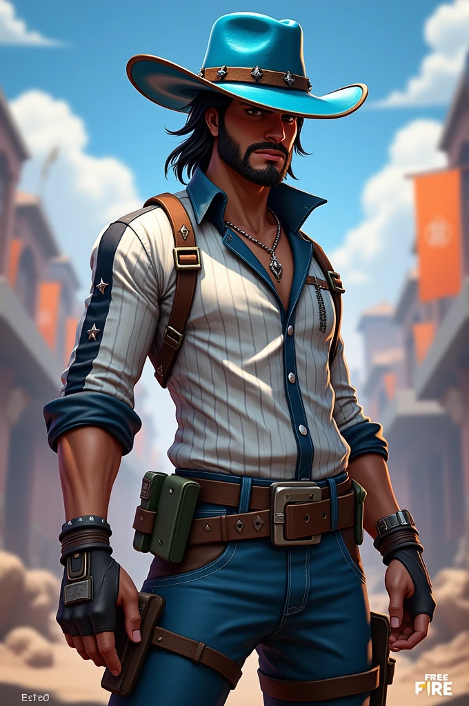 Estelo Free Fire character blue hat a white striped shirt with black 