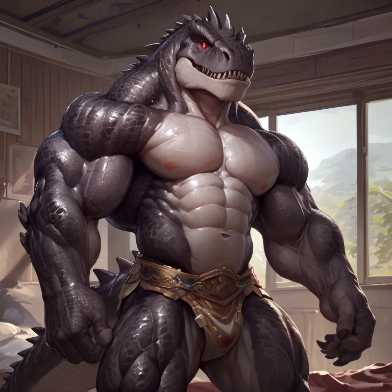 solo, anthro, furry male, T-Rex, ((Ultra detailed muscles)), (T-Rex print), black scales, white belly, spiny scales, standing up, men's bodybuilding pose, front double biceps pose, bodyguard outfit, black claws, red eyes, slit eyes, slim fit, muscular slim, bedroom, menacing, handsome, flirting, ultra detailed eyes, pecs, tail, hind leg, (Masterpiece, by null-ghost, hi-res, 8k), naked torso, black posing trunk, oil stain, front point of view,