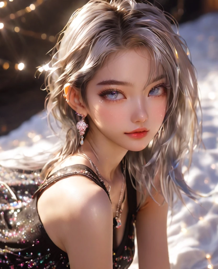 8K,an extremely delicate and beautiful,Beautiful and realistic skin,Shiny jewel-like earrings,like glitter silver hair,beautiful eyes,tanktop,jeans,asian cute girl,full body