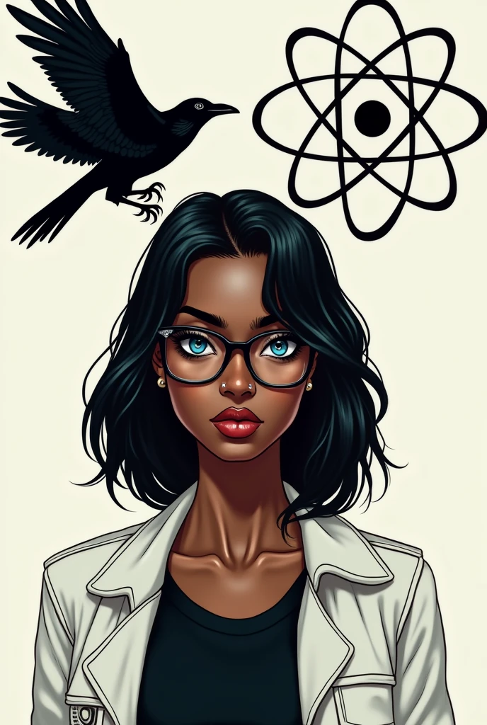 Une fille noire avec une coupe de cheveux mi long, des yeux bleus avec tes lunettes avec un méchant regard, un piercing au nez et à l'arcade, lèvres avec une veste blanche, et une chemise noire juste au-dessus d'elle un corbeau et un atome 