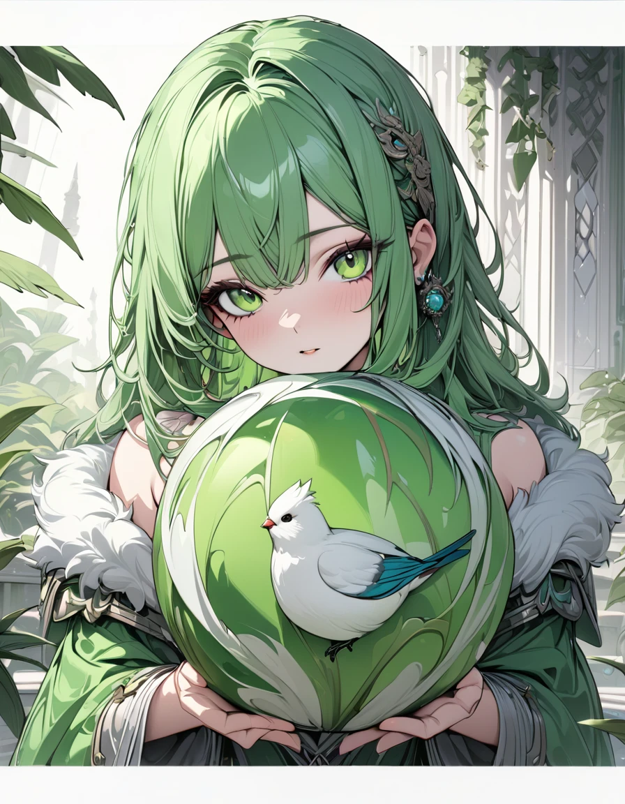 (masterpiece),(absurdres),(ultra detailed),(8k),(beautiful detailed),A fluffy green ball of fur with a bird's beak:1.4、sunglasses,green hair covering one eye,peace sign,Paws like birds,mechanical hands,long shot,