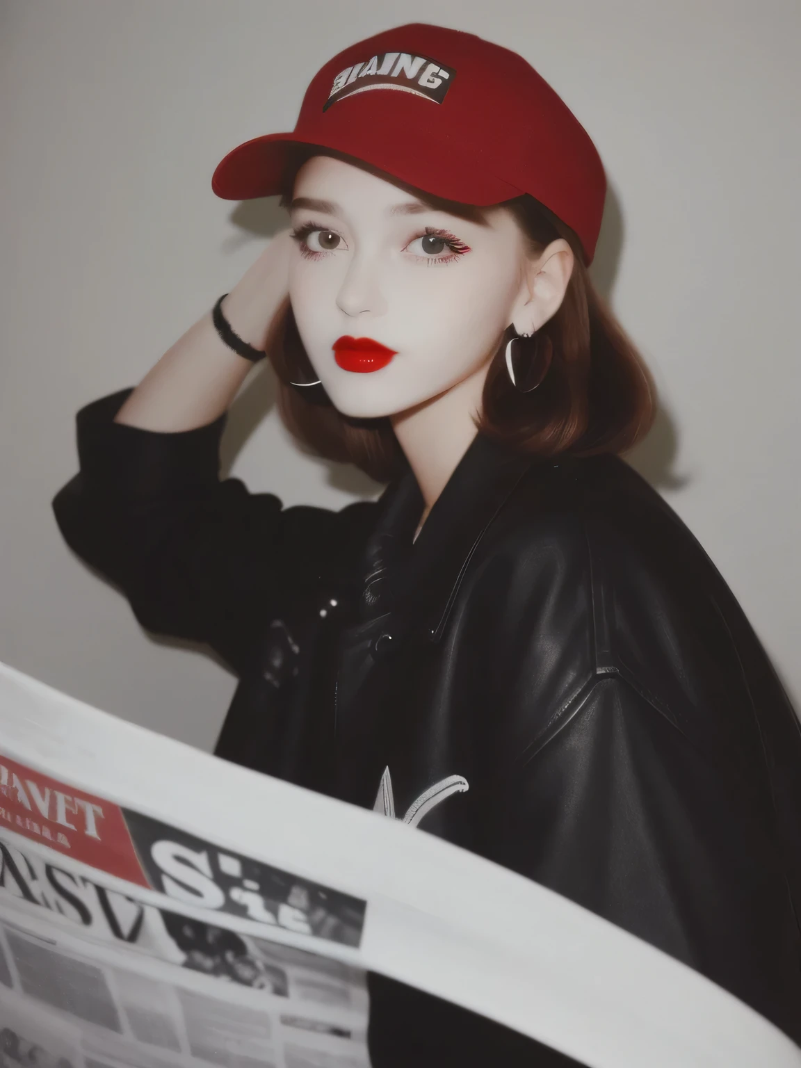 a 1950 scene featuring a 21yo girl, red baseball cap, bang hairstyle, cross earrings, oversize black jacket, plain white shirt, red lips, sideways pose, look forward, wall newspaper, high light