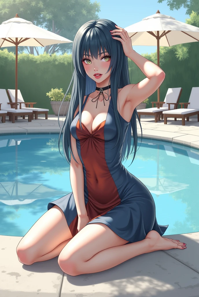 beautiful, Highly detailed portrait of a young woman with dark blue hair, Wearing a vampire costume, soft, beautiful風景の中のカラフルな照明, with disgust, Artfully rendered in pastel art style.