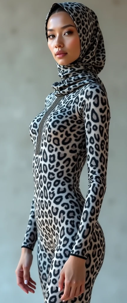 A thinest and beautiful asian muslimah woman wears snow leopard print lycra turtleneck unitard catsuit covered with black patterns.She always wear snow leopard print seamless lycra hijab.She wears like a lycra spandex dancewear animal costume.