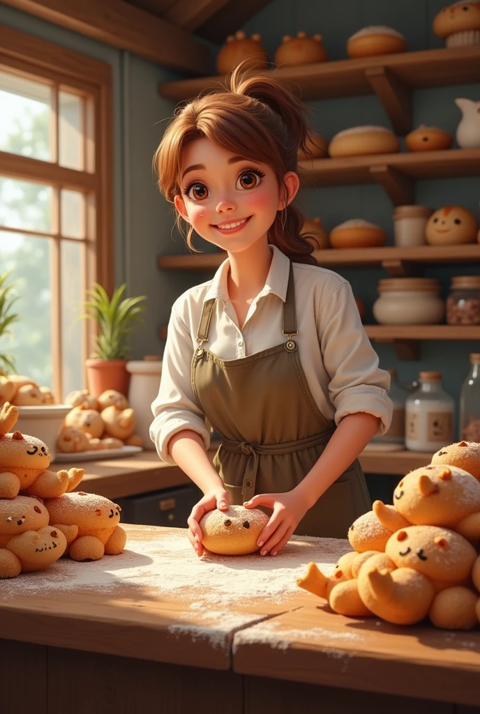 bakery, woman bakes, sells baked goods to customers, baked goods in the shape of pets, detail details, real, real