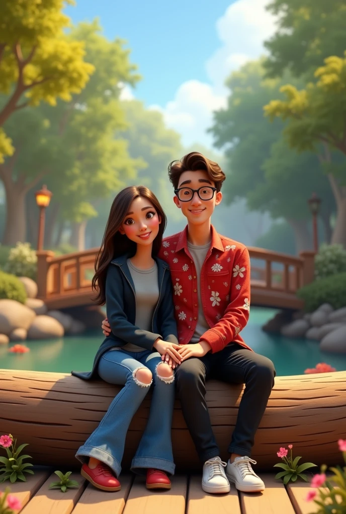 Pixar image with a couple sitting on top of some wooden logs where there is a wooden bridge and behind there are trees and a clear blue sky, The woman has a grey shirt over a dark blue jacket and bell-bottom jeans with holes in the knee, dark blue. The woman has long hair. The man has glasses. He wears a red shirt with white flowers, black jeans and white shoes. The couple has their hands intertwined.