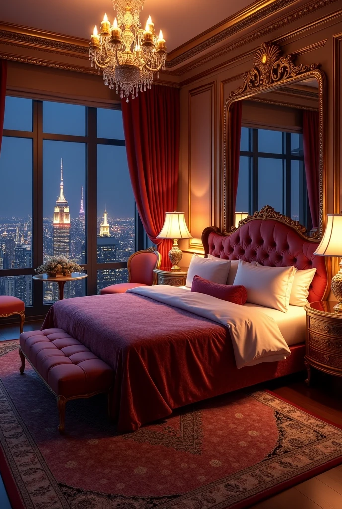 A bedroom that is too luxurious and extravagant, the bed with velvet sheets and an elegant carpet, it is the year 1985, it is nighttime and you can see the windows in the penthouse