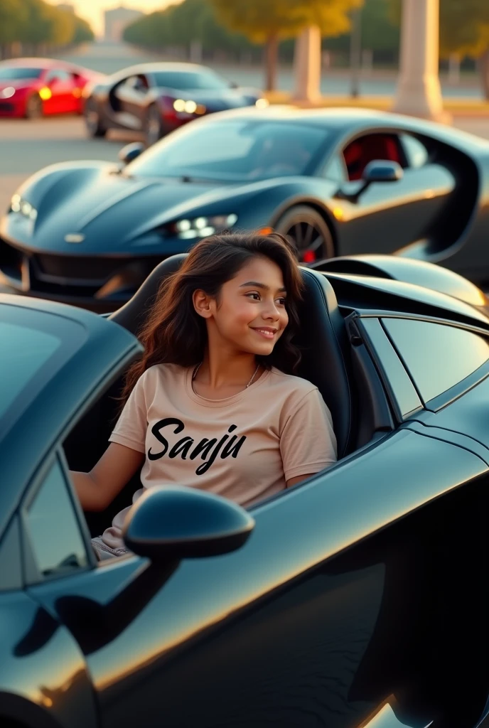 Begraund in super cars Lamborghini, bugati , car's colour is black, inside card bonat siting a boy , boy t-shirt in text ' SANJU ' and a cute girl huge the boy age is 16-17