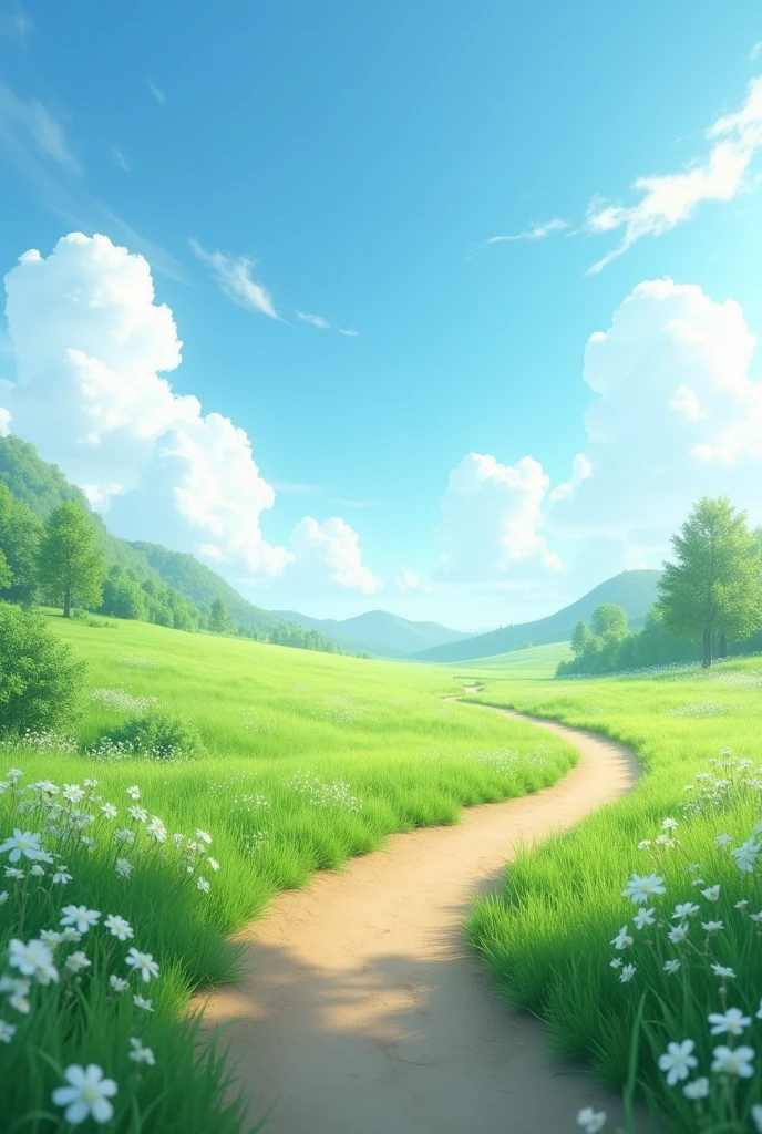 A beautiful and calm 8k full hd ultra realistic path with green grass and white flowers and beautiful sky