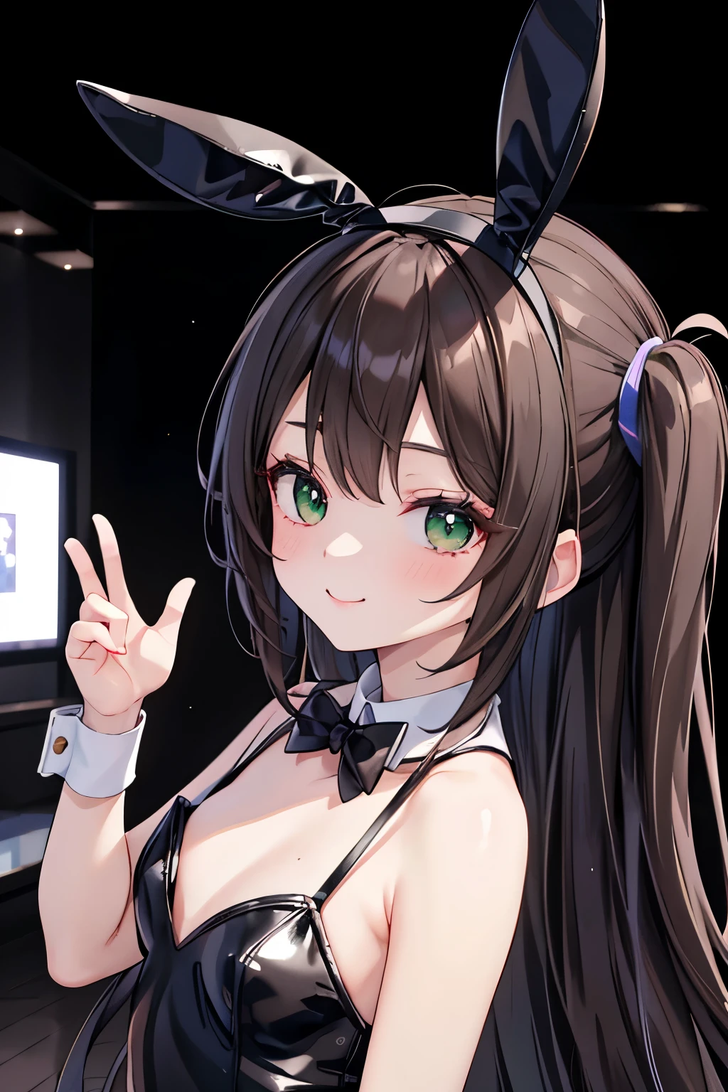 ((masterpiece, Highest quality, High resolution, 超High resolution, Pixel perfect, Written boundary depth, 4K, RTTX 10.0, High resolution))), 1 person, single, alone, Beautiful Anime, Beautiful art style, Anime characters, ((Shortcuts, bangs, Dark brown hair)), ((Green Eyes:1.4, Round eyes, Beautiful eyelashes, current eyes)), ((Smooth texture:0.75, Anime CG style)), ((Dynamic Angle, close)), Perfect body, (cute), Normal chest, whole body, ((4K, 8k, Highest quality, Perfect Fingers: 1.3, Perfect Anatomy: 1.3, Background Blur)), whole bodyアングル, Bunny girl illustration, The character is wearing a charming bunny girl outfit.。, The costume is a black leotard with a rabbit ear headband.、White cuffs and collar、And it is characterized by a small tail.。, She strikes a confident pose、She has a slightly provocative smile。, The background exudes a chic and stylish atmosphere, reminiscent of a club or lounge.、The scene gives an overall impression of being glamorous and sophisticated.。