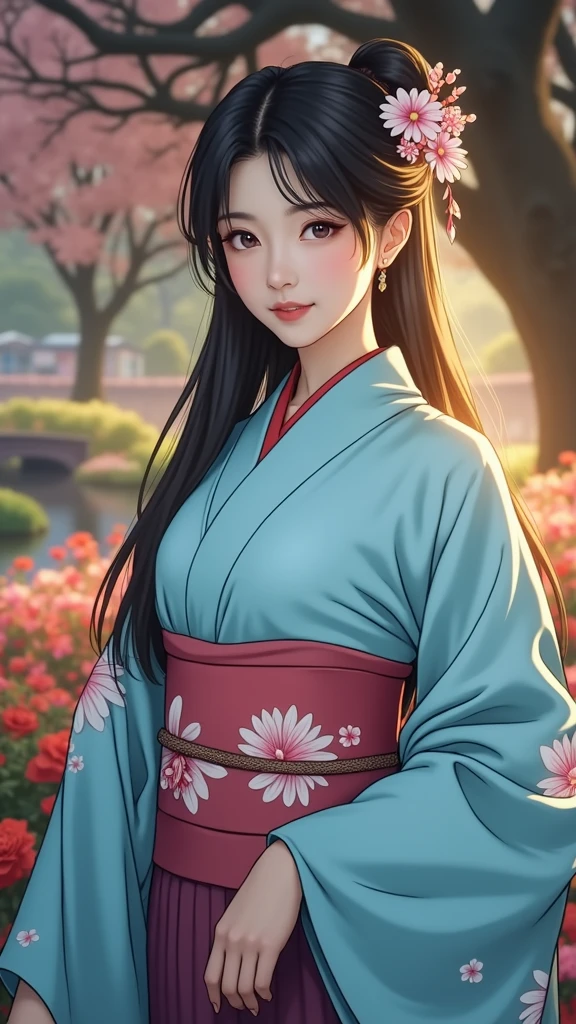 (masterpiece、Highest quality、8k、High resolution)、Traditional Japanese beauty in kimono、Floral pattern on white background、Vibrant colors、She resembles actress Keiko Kitagawa、Japanese garden、There is a pond、Colorful flowers、Vibrant colors、Cherry Blossom、There is a drum bridge、A complete portrayal、Detailed anime art、