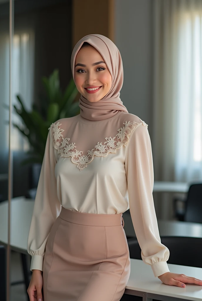 Office woman，Malaysian Muslim women，scarf，See-through clothes，Short skirt，photograph，reality，beauty，Looking at the camera，front，Sexy，Cleavage，whole body，See the legs，HD pictures,Positive sister，Unbutton，Bigger breasts，Small leak，Cute face，nice，want to，My home，Touch your chest，Lace，effort