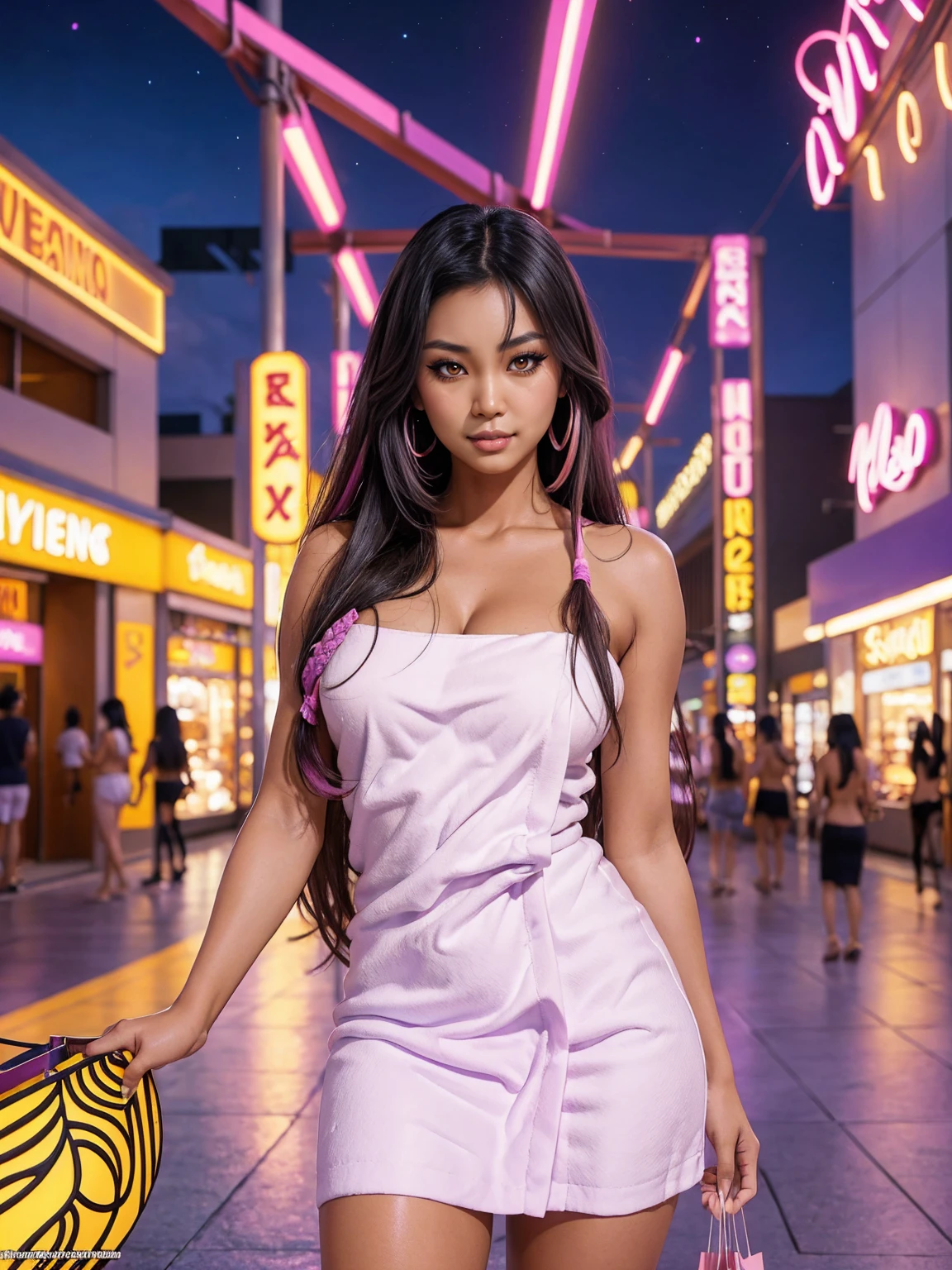 (SFW sexy tanned Polynesian|Asian woman, extremely_long_hair, slanted Asian eyes, hourglass figure, perfect eyeliner:1.2), (masterpiece:1.4, best quality), medium breasts, unity 8k wallpaper, ultra detailed, (shopping in crowded plaza, purple pink yellow neon lights:1.3), alluring pose, upper body, narrow_waist, beautiful and aesthetic, detailed, solo, naked towel