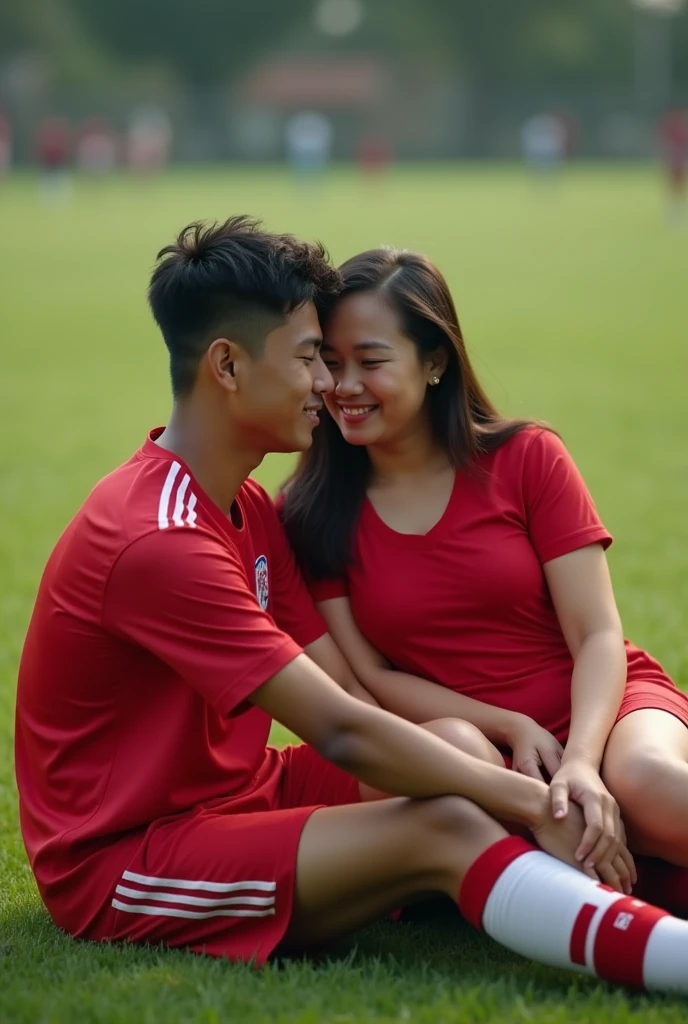 a young man (arhan) Indonesian national football team,with the red Indonesian national team jersey,sitting with a beautiful Indonesian woman,slightly fat woman,short t-shirt,football field background,Photo realistic,real,4k,8k,UHD
