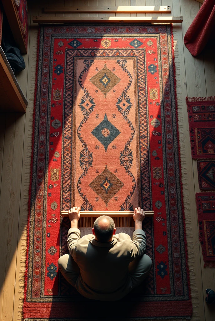 Afghan person Weaving a large size wool rug from Aerial view