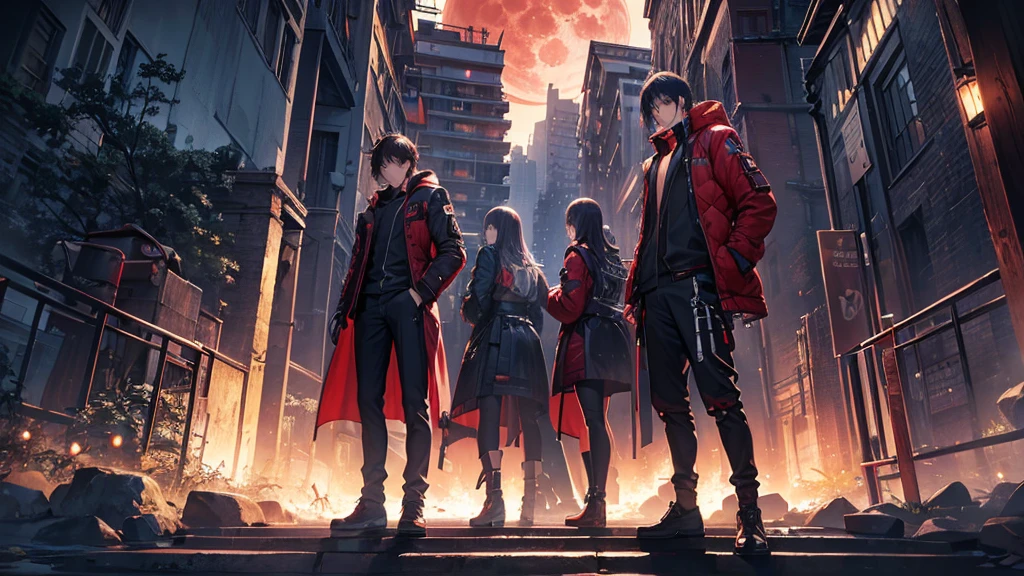 (最high quality、High resolution、Textured skin、high quality、Caution about scars、Precise CG unification、Detailed Background)、((Turn around))、(Standing in front of the red full moon)、Game CG、Legion、More than one person
