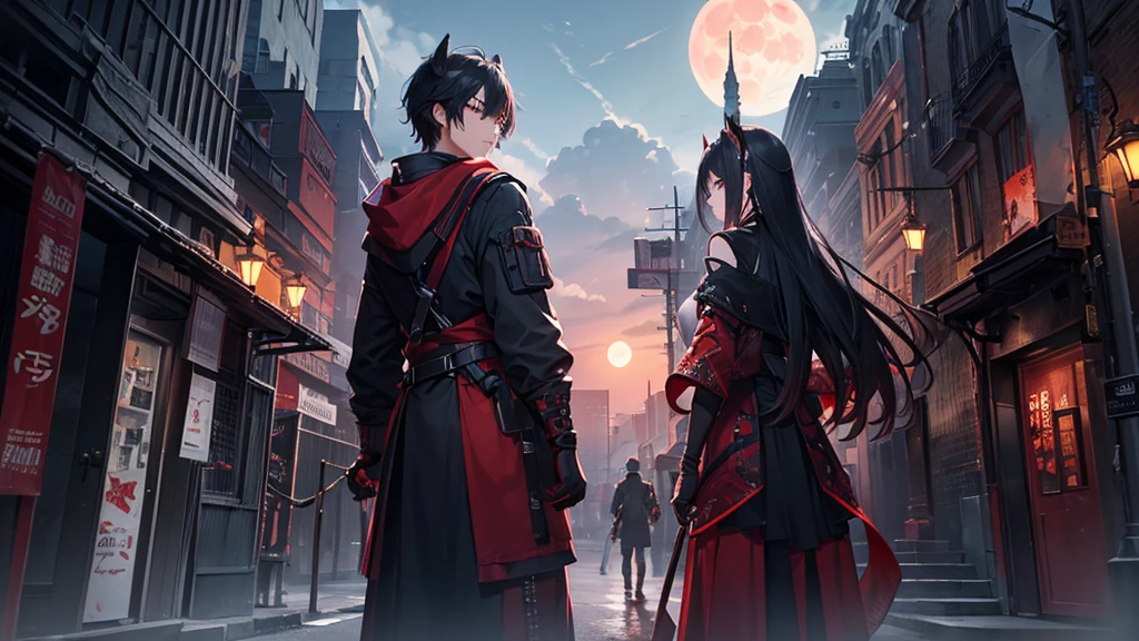 (最high quality、High resolution、Textured skin、high quality、Caution about scars、Precise CG unification、Detailed Background)、((Turn around))、(Standing in front of the red full moon)、Game CG、Legion、More than one person
