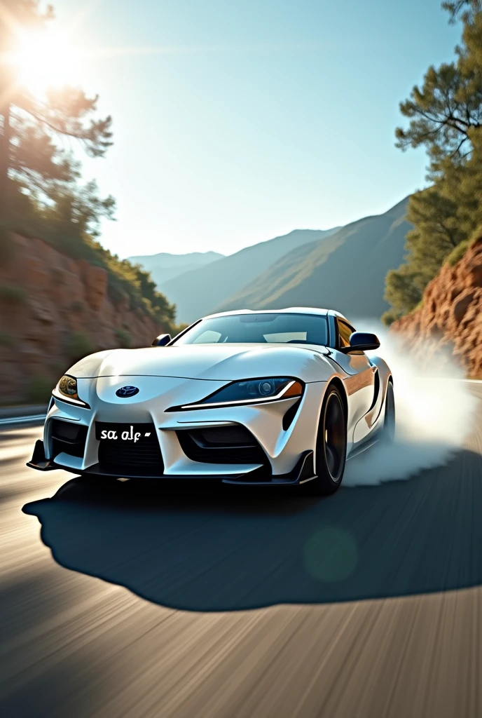 A supra mk4 white colour car drifting on the road and ‘SA DA F’ written in the number plate