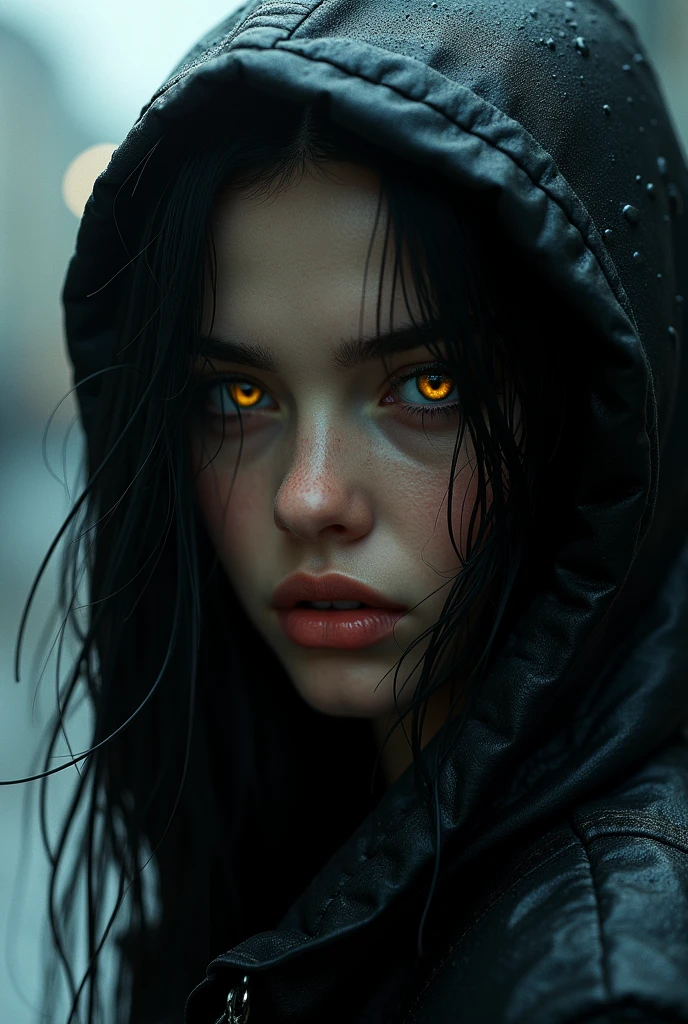 1girl, solo, rain, black_hair, yellow_eyes, hood, long_hair, looking_at_viewer, hood_up, upper_body, beautiful detailed lips, wet, wet_hair, closed_mouth, (best quality,4k,8k,highres,masterpiece:1.2),ultra-detailed,(realistic,photorealistic,photo-realistic:1.37), portrait, moody, dramatic lighting, cinematic, atmospheric