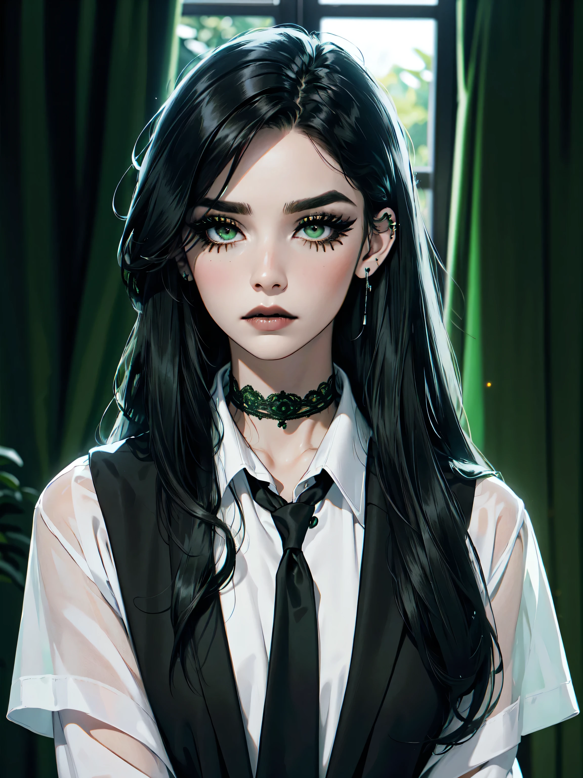 emo_hairstyle, ((tight black suit)), (black lace blazer), black tie, ((long hair)), ((straight hair)), (((black hair))), side swept bangs, white skin, pale, white, (green eye), tired expression, choker, ((dark makeup, mascara, eyeshadow)), multiple piercings, best quality, 8k, dark laboratory, dim lighting, white shirt, erotic, slytherin
