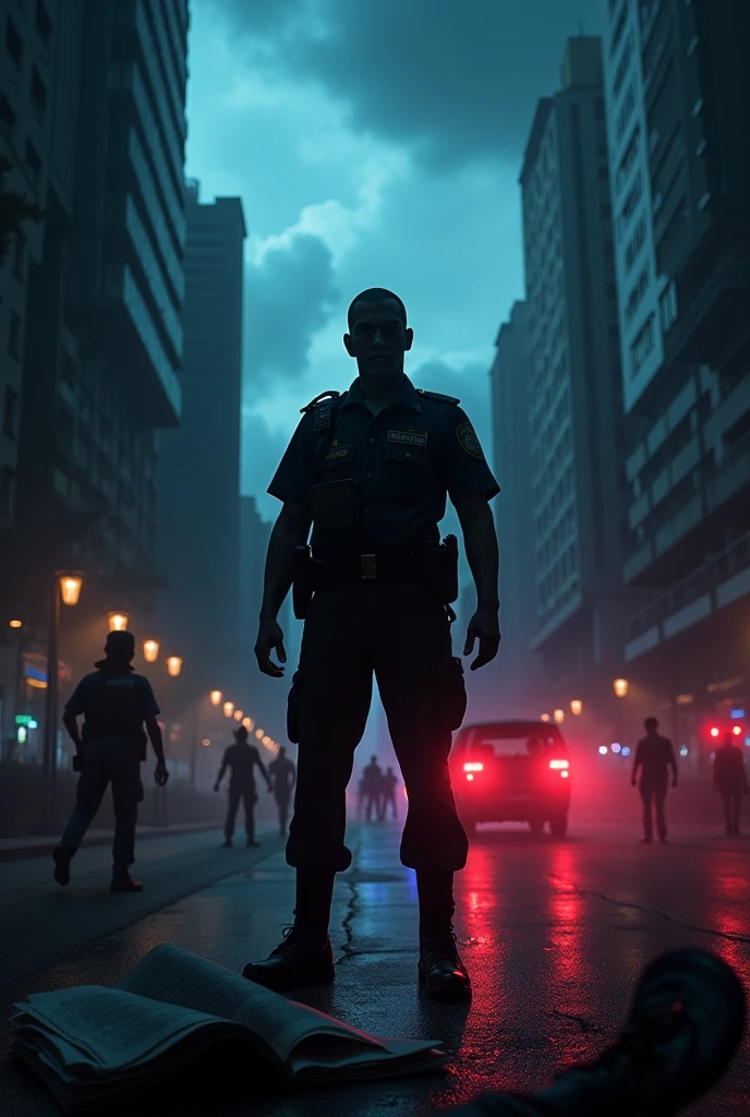 work of art, High definition image, ultra detailed image, Realistic Image, cinematic image, impactful image, DARK AND SHOCKING IMAGE. The scene is dominated by a nighttime urban background, with tall buildings in silhouette that indicate a large Brazilian city. The sky is laden with dark clouds, suggesting a tense and dangerous atmosphere. There is a mix of red and blue siren lights, reflecting on metal and glass surfaces, creating a dramatic, high-contrast visual effect. En el centro de la imagen, a Brazilian military police officer appears in a firm posture, with the face partially shadowed, but with determined eyes. He wears the characteristic uniform, including bulletproof vest and helmet, holding a gun firmly in his right hand, as if ready to act. Lighting creates a chiaroscuro effect, highlighting the details of the uniform and equipment, suggesting vigilance and readiness. Behind the policeman, In contrast, there are nebulous figures that represent criminals, lurking in the shadows, with indistinguishable and threatening faces, symbolizing constant danger and rampant crime. In a part of the image, slightly blurred, a crumpled newspaper flutters in the wind, with sensationalist headlines that insinuate media bias and distortion towards police forces. Additional Elements, like crime scene blackout tape and a tilted scale of justice, can be discreetly inserted into the composition, suggesting the themes of injustice and distortion of the judicial system. No canto inferior da imagem, almost imperceptible, the silhouette of an ordinary citizen holds a worn Brazilian flag, symbolizing the people and the nation as a whole, affected by the chaos of public security.