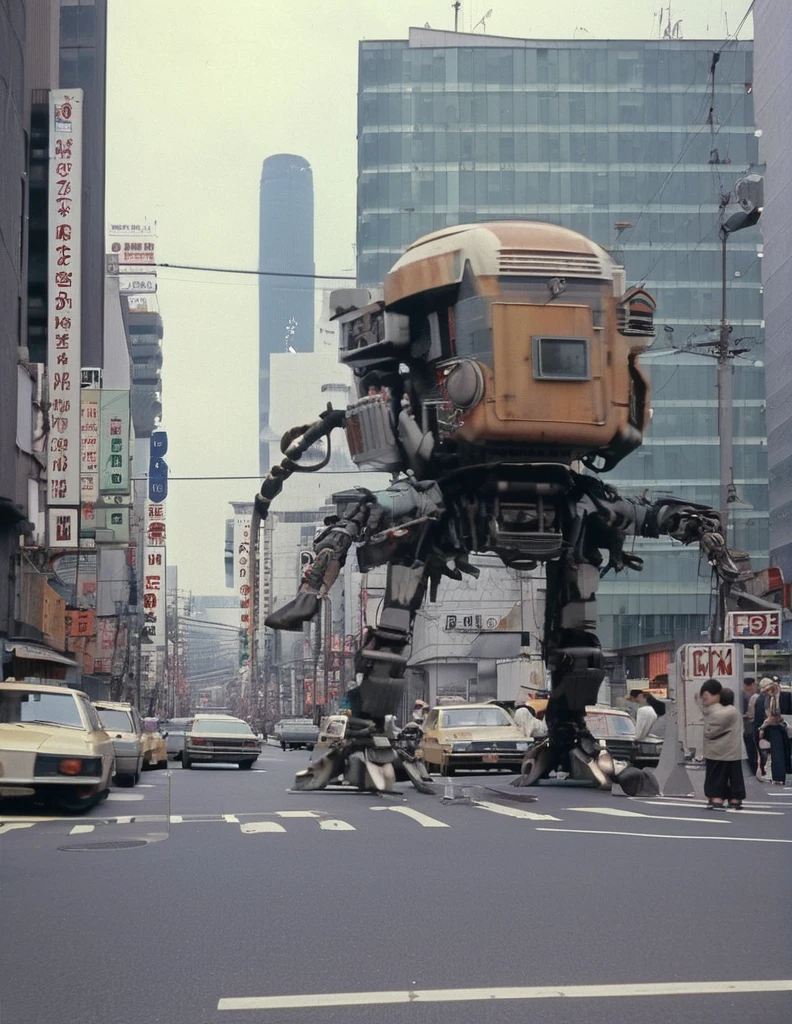 apocalyptic a robot with a large turret on its top, spider robot, non-humanoid robot, 
There are many cars and people on the city streets., Japan 1980s, Downtown Japan, Tokyo cityscape, Japan Streets, vintage footage of Tokyo cityscape, Tokyo cityscape set in 1982, Tokyo cityscape, Photos of Japan in the 80s, Japan Streets, in the Tokyo cityscape, Kodachrome : : 8k yen, Vintage Photography, Printed matter from the 1970s