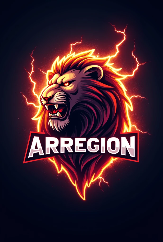 esport logo lion head fire effect and lightning effect with the words ARFREGION