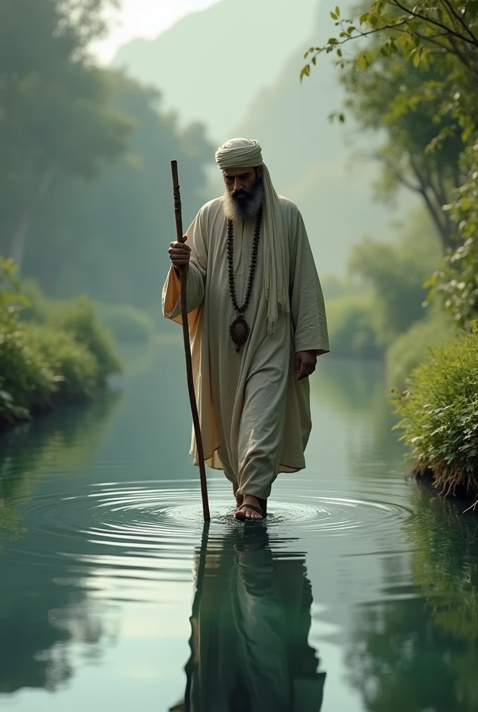 walking muslim holy man holding a smooth wood stick on water pound
