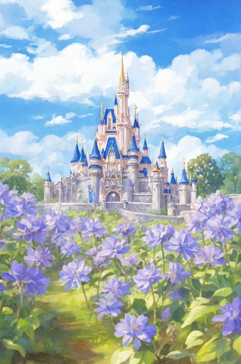 Disney Castle in a flower field under a blue sky, disney concept art, disney artstyle, Fairy tale style background, Anime background art, Disneyland Castle in the background, disney art style, Castle Background, disney art, Disneyland background, disney style scenery, Disney Splash Art, castle scene comics, Fairy tale illustration style, Magic Castle, Palace background