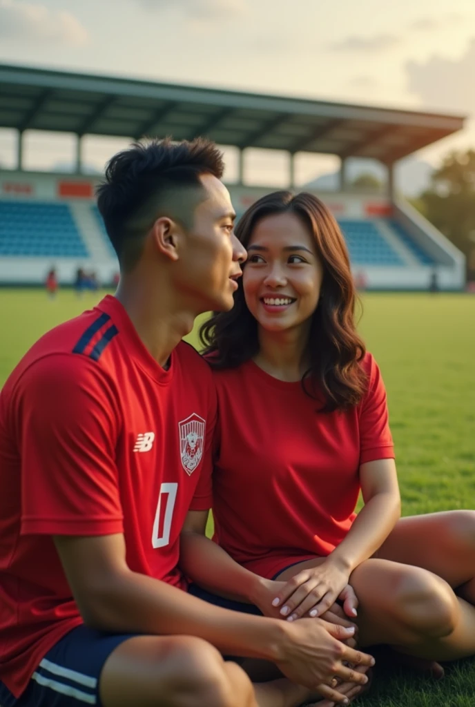 a young man (arhan) Indonesian national football team,with the red Indonesian national team jersey,sitting with a beautiful Indonesian woman,slightly fat woman,short t-shirt,football field background,Photo realistic,real,4k,8k,UHD