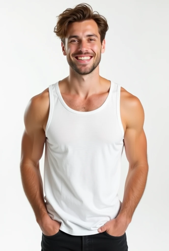 best qualityer:1.4), (ultra high resolution:1.2), (photorrealistic:1.4), (8k, CRU photo:1.2), 1 young white man. eyes browns. He&#39;s wearing a white tank top. He is wearing black jeans. chestnut hair. Short wavy hair parted in the middle. is smiling. He is standing in a studio with a white background.