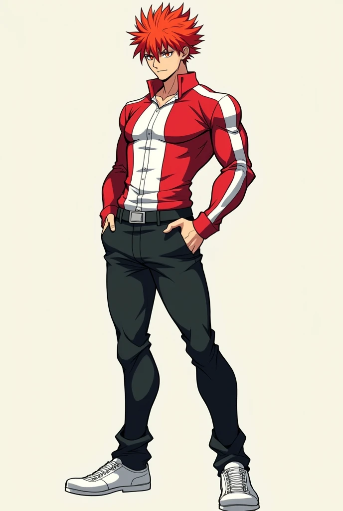Create a male anime character with red hair up red eyes white and red shirt black pants and white shoes