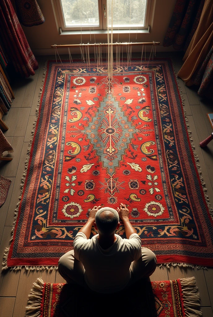 Afghan person Weaving a large size wool rug from Aerial view