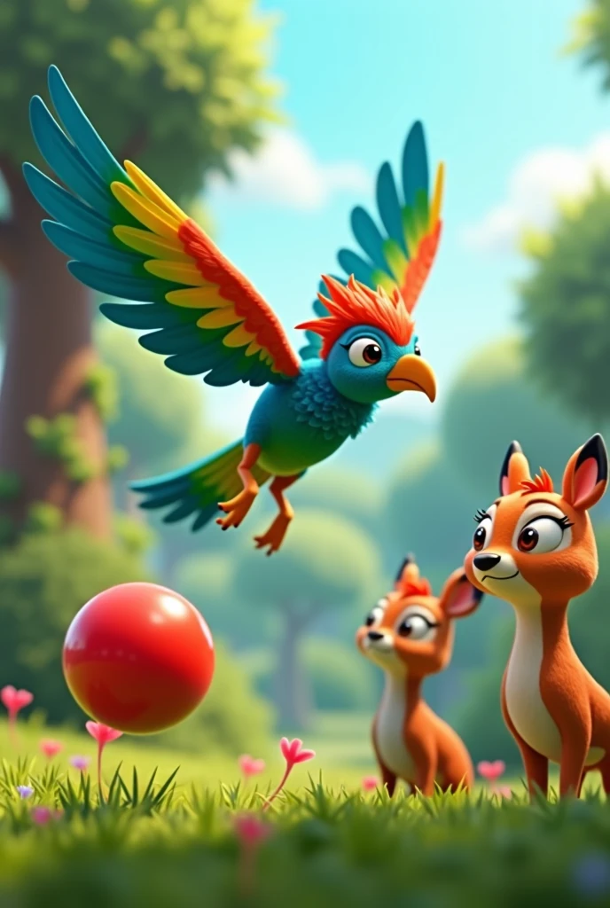 Create in 3d animation style for the kids of  group of 3-5 yeaenny’s  the colourful bird Flapping Wings  
   "A dynamic shot of Benny the squirrel, the Bird mid-flight, with wings outstretched as he approaches the red ball. Sammy the squirrel and Daisy the deer are seen from below, their faces upturned with hope and excitement."
