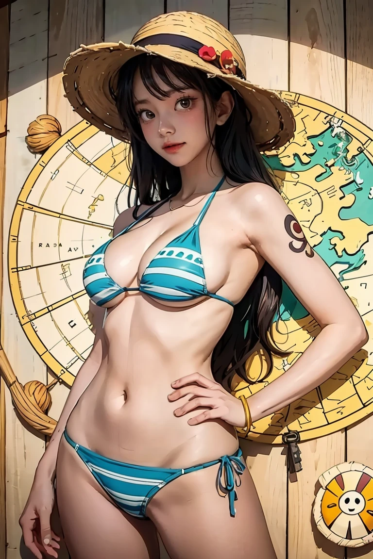 Woman in bikini top and straw hat map on background, In one piece., of the work., we, One piece cruise, One-piece art style, from one piece, beautiful portrait of nami, Patreon map, one piece, anime", Wallpaper!, Luffy (one piece, Estiro One Piece, Map Key,